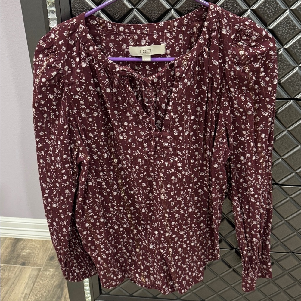 LOFT Burgundy Floral Blouse